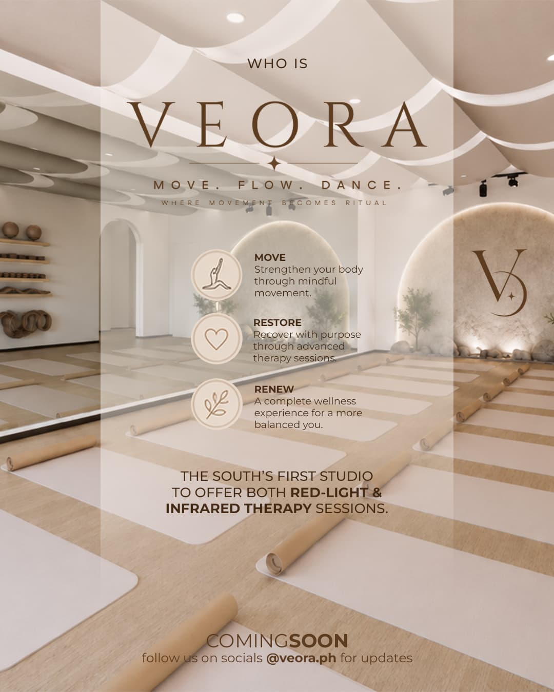 Who Is Veora cover introducing the Move, Restore and Renew wellness philosophy inside the Veora studio